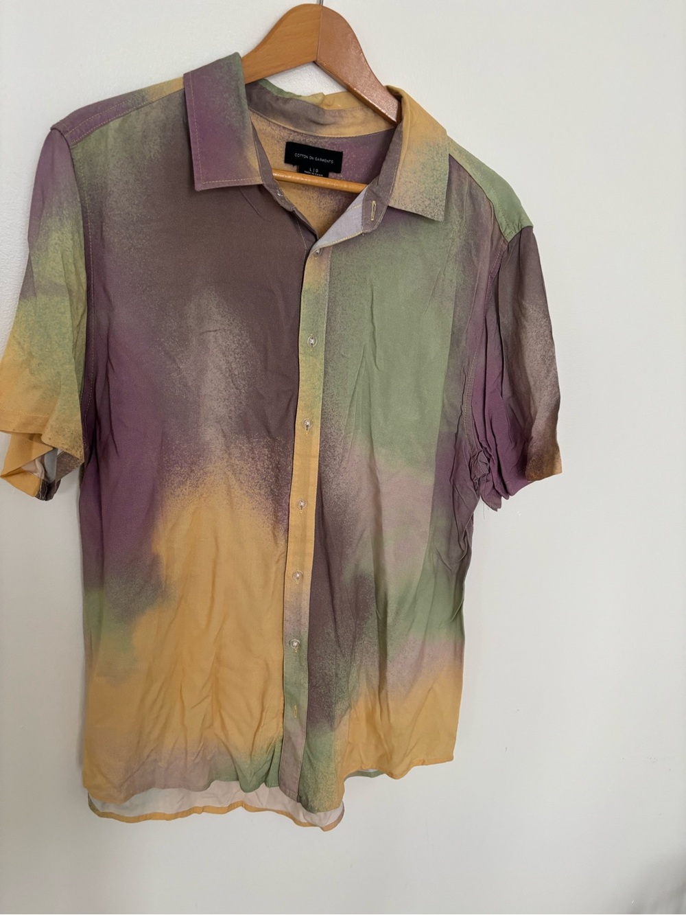 Men's Short-Sleeve Button-Up Shirt in Yellow, Green & Purple